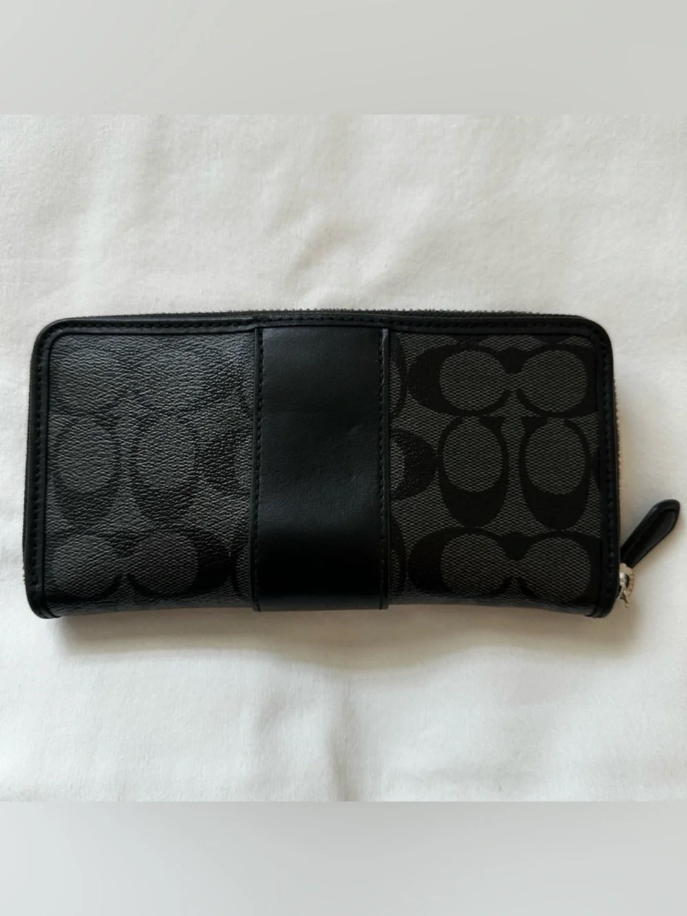COACH Signature C Black Charcoal Canvas Leather Accordion Zip Around Wallet Long